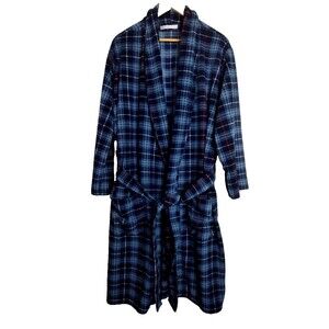 VTG Geoffrey Beene Navy Plaid Belted Fleece Belted Robe Mens Sz S/M Small/ Mediu